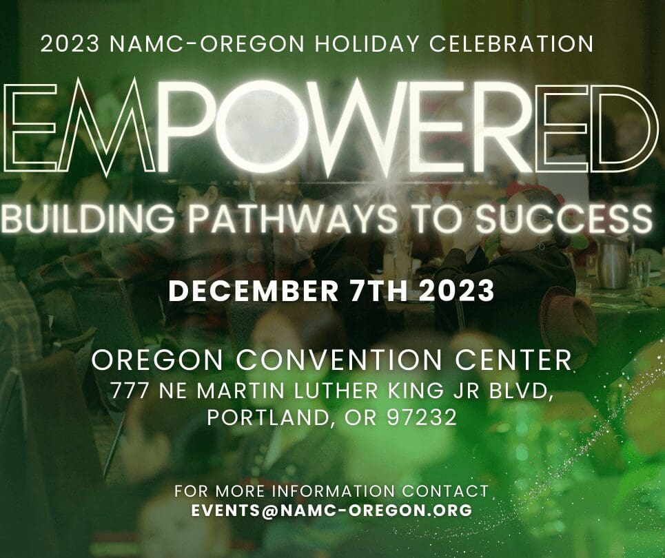 2023 NAMC-Oregon Holiday Celebration event poster with event details.