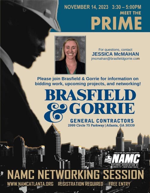 Promotional poster for Brasfield & Gorrie General Contractors with contact details for Jessica McMahon.