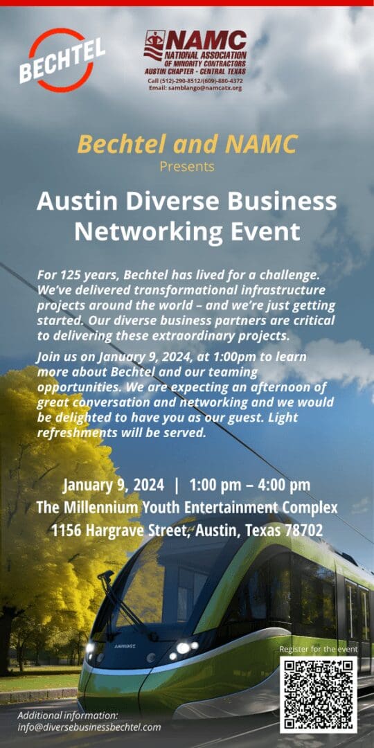 Flyer for Austin Diverse Business Networking Event on January 9, 2024.