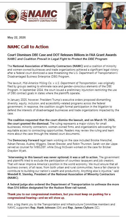 NAMC Call to Action 05/26/26; Court Dismisses DBE Case - DOT Releases Billions in FAA Grant Awards
